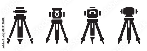 Four black silhouette surveying equipment icons on tripods, representing essential tools for precise measurement in engineering and construction projects.