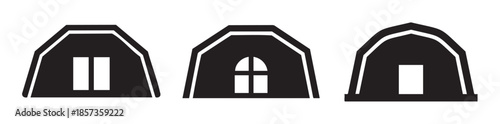 Three black barn roof silhouettes with varying window designs are presented in a simple, flat vector style, ideal for architectural or agricultural themes.