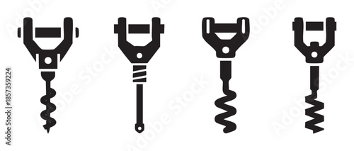 Four different black silhouette corkscrews are depicted as a collection of minimalist icons, perfect for illustrating wine opening tools.