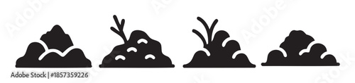 Piles of earth and soil icons in a simple graphic style, depicting gardening, agriculture, and natural elements with sprouting plants.