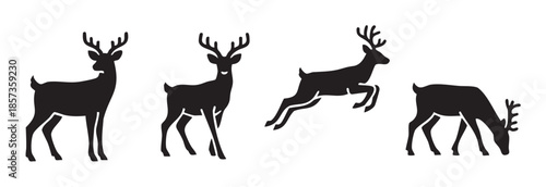 Four different deer silhouettes with antlers in various poses, including standing, jumping, and grazing, representing wildlife and nature.
