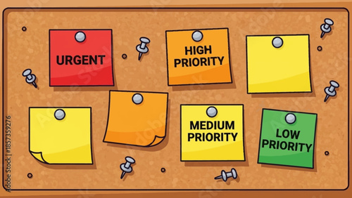 Colorful Priority Sticky Notes on Corkboard for Task Planning.