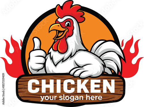 Chicken mascot logo illustration, cartoon rooster character with thumbs up, restaurant branding emblem, fast food design, fried chicken concept, vector art