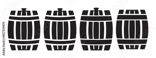 Four stylized black wooden barrels or casks stand upright in a row, representing storage for wine, beer, or spirits in a classic, traditional design.