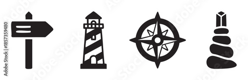 Navigation icons set featuring a signpost, lighthouse, compass rose, and stacked stones, representing travel, guidance, exploration, and finding your way.