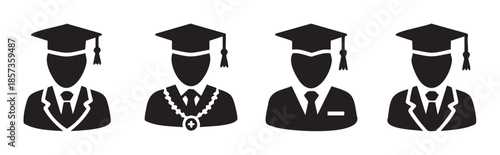 Graduation icons representing various academic professionals and students celebrating their educational achievements and milestones in higher education.