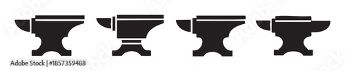 Four distinct anvil silhouettes representing blacksmithing and craftsmanship tools, symbolizing strength, durability, and traditional metalworking processes in a simple graphic design.