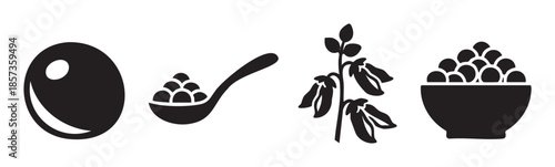 Peas legumes are shown as a single seed, in a spoon, on a plant with pods, and in a full bowl, representing fresh and healthy food.