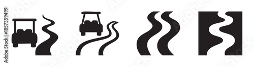 Golf carts, winding paths, and abstract road designs are featured in this collection of minimalist black and white vector icons, ideal for navigation or leisure concepts.