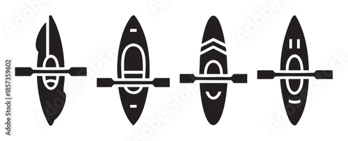 Kayaks canoes paddles watercraft boating activity icons set in a minimalist black silhouette style, representing outdoor adventure and water sports.