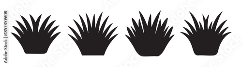 Four black grass tufts with pointed blades are presented in a row, offering a versatile graphic element for various design projects.