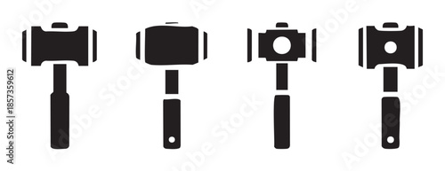 Four different types of heavy duty mallets are displayed in a row, showcasing various designs for construction and demolition work.