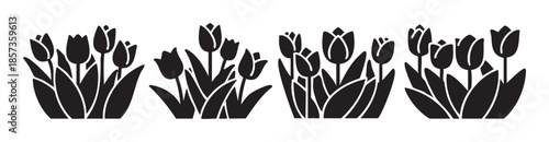 Black silhouette illustrations of blooming tulip flowers in various arrangements, symbolizing spring, growth, and natural beauty for decorative purposes.