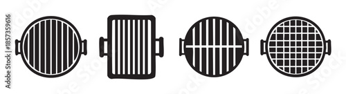 Barbecue grill grates are illustrated in a collection of black and white vector icons, showcasing various shapes and grid patterns.