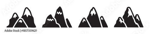 Mountain icons set featuring various stylized peaks and snowy caps, representing adventure, nature, and outdoor exploration in a simple graphic design.