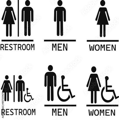 Restroom toilet icon set. A modern minimalist toilet logo showing a male figure on the left and a female figure on the right, separated by a vertical line, designed in clean black.