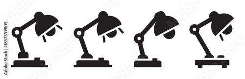Desk lamp icons set of various modern designs illustrating illumination, study, and office work environments for graphic design and web applications.