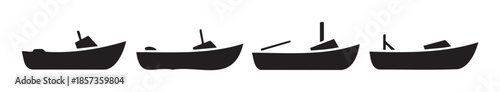 Four black boat silhouettes representing various types of marine vessels, perfect for nautical themes, transportation, and water travel concepts.