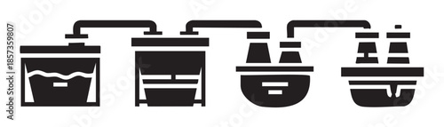 Industrial process flow diagram icon illustrating a sequence of interconnected tanks and reactors for water purification, chemical processing, or industrial manufacturing operations.