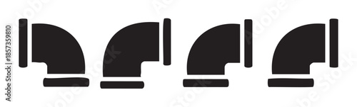 Four black pipe elbows and fittings are arranged in a row, representing essential components for plumbing, industrial, and construction systems.