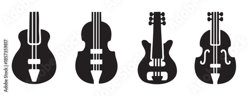 Four different string musical instruments are depicted as black silhouettes, representing various types of guitars, violins, and cellos in a simple graphic style.