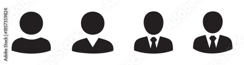 Four black silhouette user profile icons illustrate various representations of people and business professionals, suitable for web interfaces and digital applications.