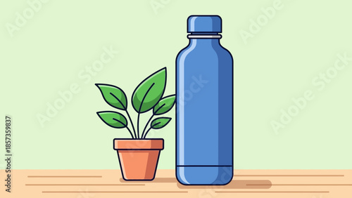 Eco Friendly Bottle and Plant Illustration on Table.