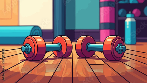 Dumbbells on wooden gym floor ready for workout.