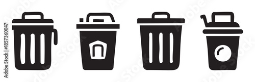 Four different black silhouette trash cans icons representing various styles of waste disposal containers for digital design elements.