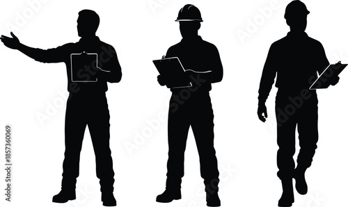 Construction worker silhouettes, industrial men holding clipboard, safety helmet inspectors, black and white illustration, engineering teamwork concept, business management supervision