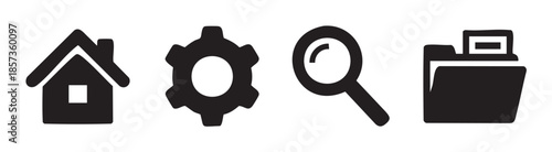 Home settings search folder icons represent essential user interface elements for navigation, configuration, and data management in digital applications.