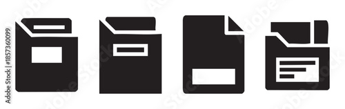 These black silhouette document file folder and floppy disk icons represent various digital data storage and organization concepts for modern interfaces.