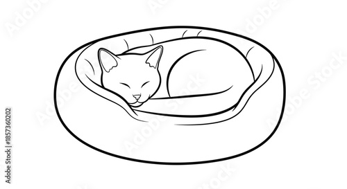 Simple black and white line art illustration of a cute cat sleeping peacefully in a soft round pet bed for coloring.