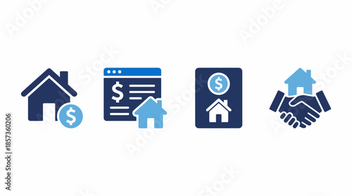 Real estate and mortgage finance icons depicting home, loan documents, mortgages, and a handshake representing home buying and financing concepts.