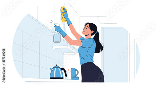 Diligent woman wearing blue gloves and using a spray bottle with a cloth to clean white kitchen cabinets at home.