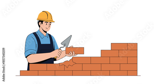 Skilled construction worker wearing a hard hat and blue overalls while carefully laying bricks to build a new wall.