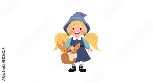 Little girl dressed as a wizard or fairy wearing a blue hat and holding a basket filled with fresh loaves of bread.