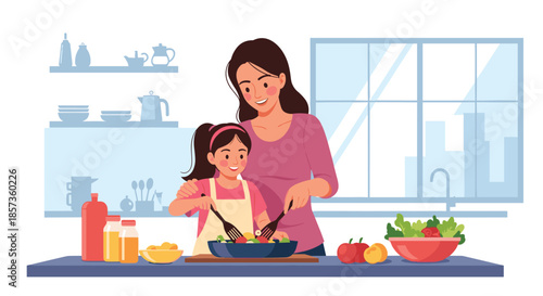 Loving mother teaching her young daughter how to cook a healthy meal by stirring vegetables in a pan on the stove.