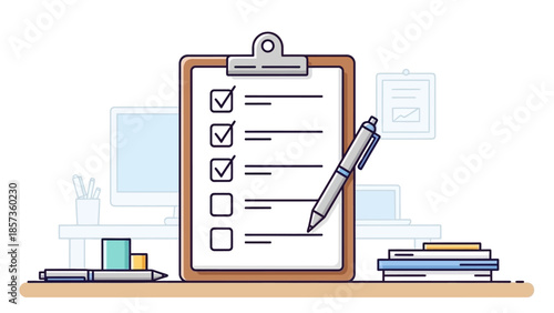 Clipboard Check List On Desk With Pen And Books.