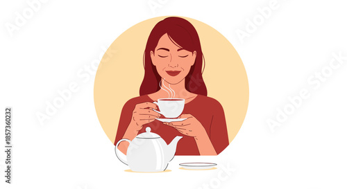 Young woman enjoying a cup of hot tea while holding a white ceramic mug in a cozy home setting with a teapot.