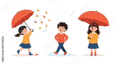 Happy children playing in the rain and autumn wind with red umbrellas while leaves fall around them in the outdoors.