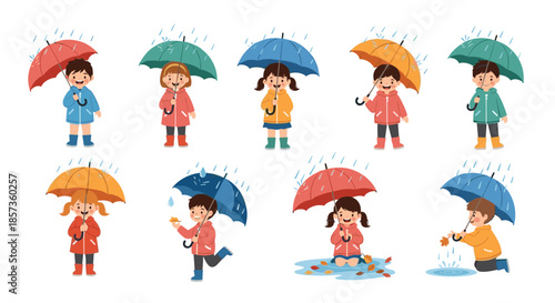 Diverse group of cute children wearing colorful raincoats and holding umbrellas while playing in the rain during the autumn season.