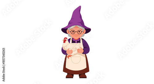 Elderly woman dressed as a witch wearing a purple hat and apron while gently holding a white chicken in her arms.