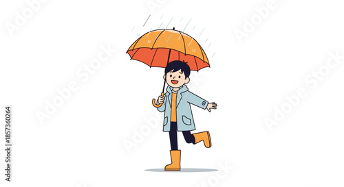 Cheerful young boy wearing a light blue raincoat and yellow boots walking happily under a large orange umbrella in the rain.
