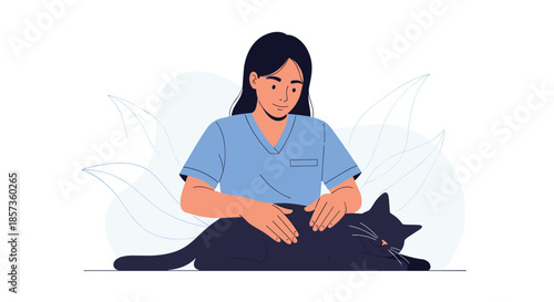 Caring female veterinarian in blue scrubs gently petting a black cat lying on a table during a medical examination.