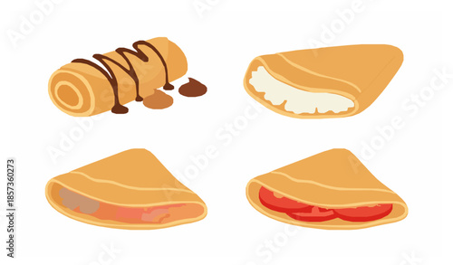 French crepe pancake set with sweet and savory fillings flat vector illustration