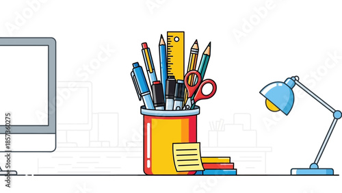Colorful Illustrated Desk Top Workspace with Stationery.