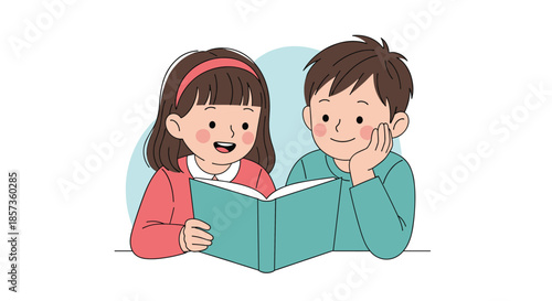 Two cute children sitting together and reading an interesting book with focused expressions in a peaceful learning environment.