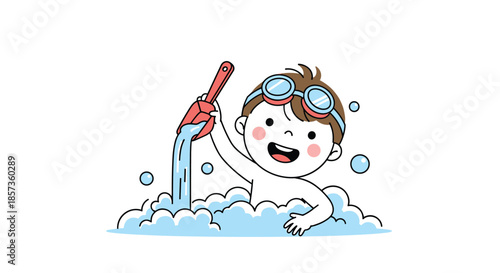 Happy little boy wearing blue goggles playing with water and bubbles in a bathtub while pouring water from a red scoop.