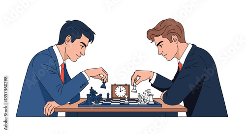 Two professional men in suits sitting at a table and concentrating on a strategic game of chess with a clock between them.